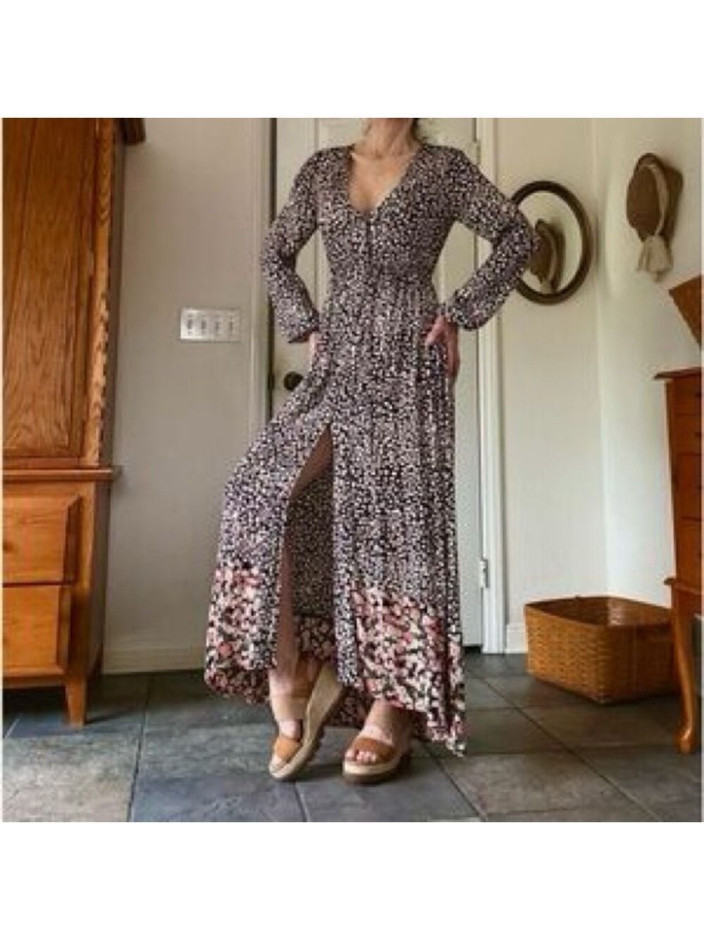 Billabong Allegra Kimono Dark Brown and Cream Maxi Dress Size XS